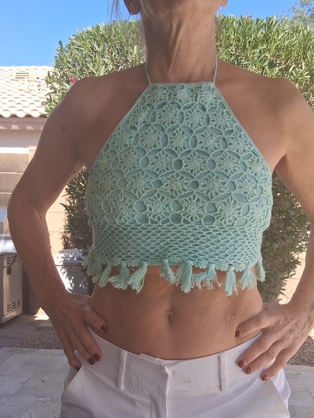 London Times Mint Green Crochet Fringe Halter Top